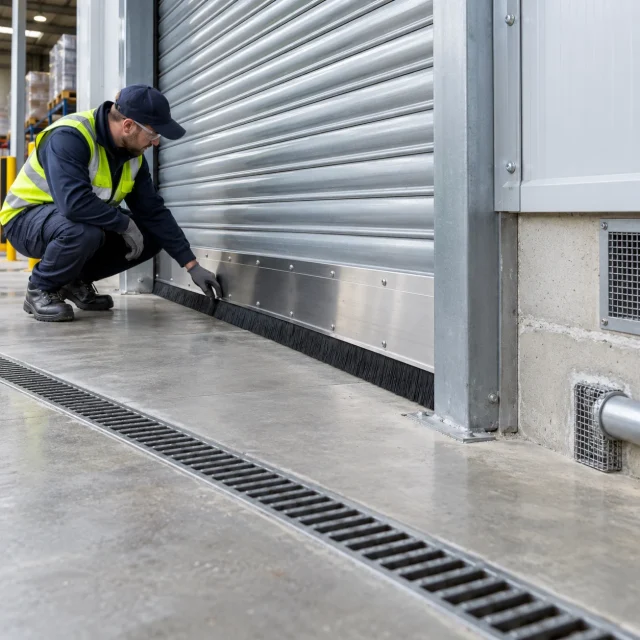 Technician fitting a brush seal to the base of a warehouse roller shutter door
