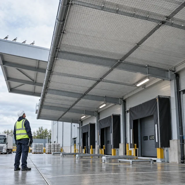 Professional bird-control netting installed beneath a commercial warehouse loading-bay canopy, inspected by a pest-control technician.