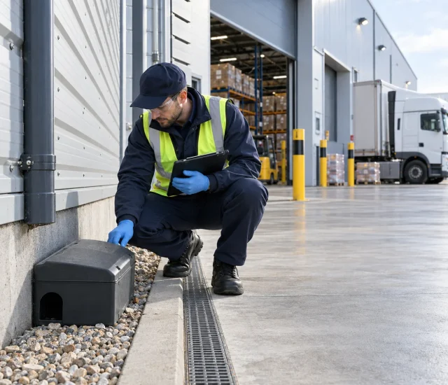 Pest control technician inspecting a rodent monitoring station outside a modern UK commercial warehouse loading bay.