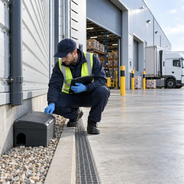 Pest control technician inspecting a rodent monitoring station outside a modern UK commercial warehouse loading bay.
