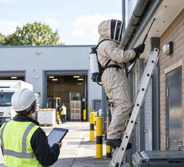Technician in a bee suit removing a wasp nest from the eaves of an industrial unit while a colleague records the visit