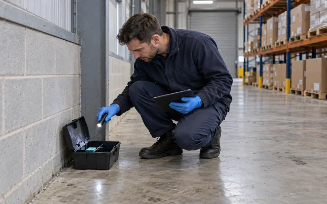 Pest control technician inspecting a numbered bait station inside a warehouse, what is commercial pest control, commercial pest control explained, integrated pest management