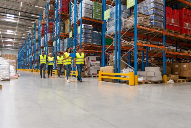 Warehouse team in hi-vis vests walking between tall racking bays in a distribution centre